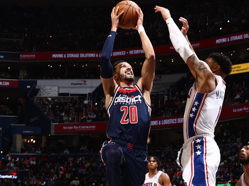 WASHINGTON, DC -? FEBRUARY 10: Landry Shamet #20 of the Washington Wizards drives to the basket during the game against the Philadelphia 76ers on February 10, 2024 at Capital One Arena in Washington, DC. NOTE TO USER: User expressly acknowledges and agrees that, by downloading and or using this Photograph, user is consenting to the terms and conditions of the Getty Images License Agreement. Mandatory Copyright Notice: Copyright 2024 NBAE (Photo by Kenny Giarla/NBAE via Getty Images)