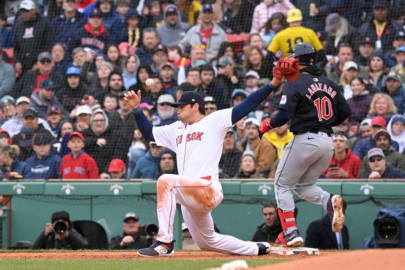 Apr 18, 2024; Boston, Massachusetts, USA; Boston Red Sox first baseman Triston Casas (36) mishandles the ball during the fifth inning allowing Cleveland Guardians right fielder Ramon Laureano (10) to gain first base at Fenway Park. Mandatory Credit: Eric Canha-USA TODAY Sports