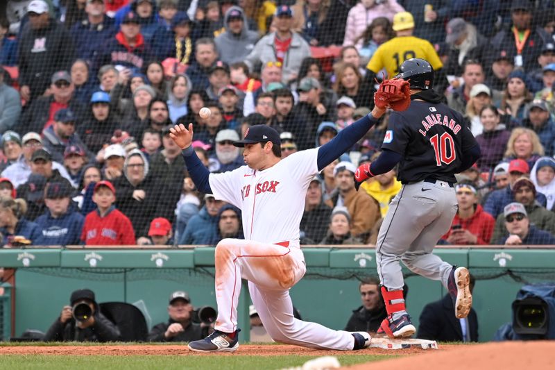 Apr 18, 2024; Boston, Massachusetts, USA; Boston Red Sox first baseman Triston Casas (36) mishandles the ball during the fifth inning allowing Cleveland Guardians right fielder Ramon Laureano (10) to gain first base at Fenway Park. Mandatory Credit: Eric Canha-USA TODAY Sports