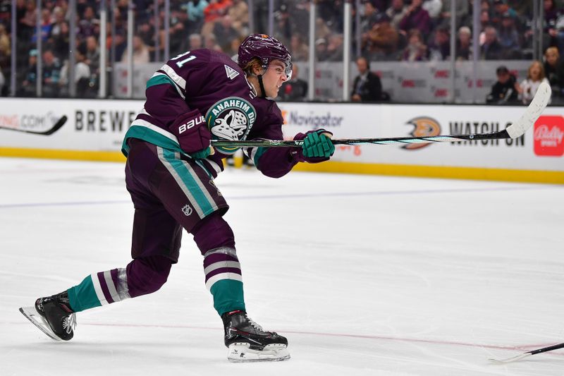 Apr 5, 2024; Anaheim, California, USA; Anaheim Ducks center Leo Carlsson (91) scores a goal against the Seattle Kraken during the second period at Honda Center. Mandatory Credit: Gary A. Vasquez-USA TODAY Sports