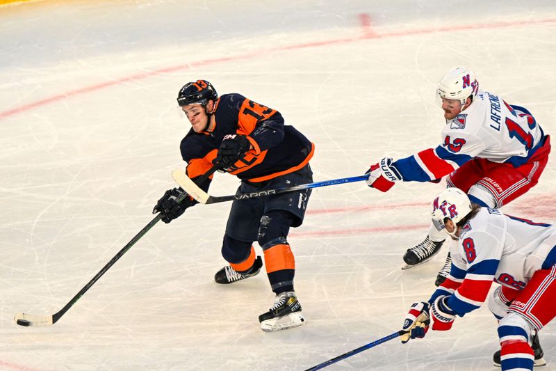 Feb 18, 2024; East Rutherford, New Jersey, USA;  New York Islanders center Mathew Barzal (13) attempts a shot against New York Rangers left wing Alexis Lafreniere (13) during the second period in a Stadium Series ice hockey game at MetLife Stadium. Mandatory Credit: Dennis Schneidler-USA TODAY Sports