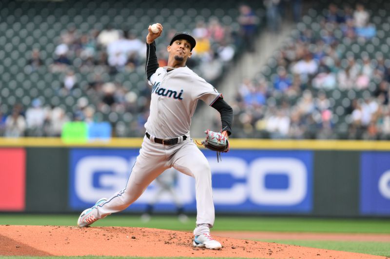 Jun 14, 2023; Seattle, Washington, USA; Miami Marlins starting pitcher Eury Perez (39) pitches to the Seattle Mariners during the first inning at T-Mobile Park. Mandatory Credit: Steven Bisig-USA TODAY Sports