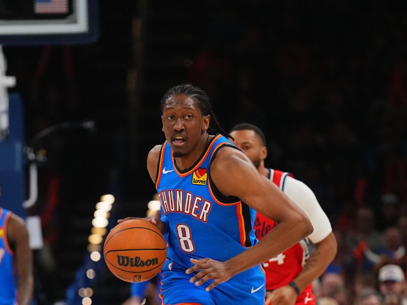 OKLAHOMA CITY, OK - JANUARY 2: Jalen Williams #8 of the Oklahoma City Thunder dribbles the ball during the game against the LA Clippers on January 2, 2025 at Paycom Center in Oklahoma City, Oklahoma. NOTE TO USER: User expressly acknowledges and agrees that, by downloading and or using this photograph, User is consenting to the terms and conditions of the Getty Images License Agreement. Mandatory Copyright Notice: Copyright 2025 NBAE (Photo by Cooper Neill/NBAE via Getty Images)