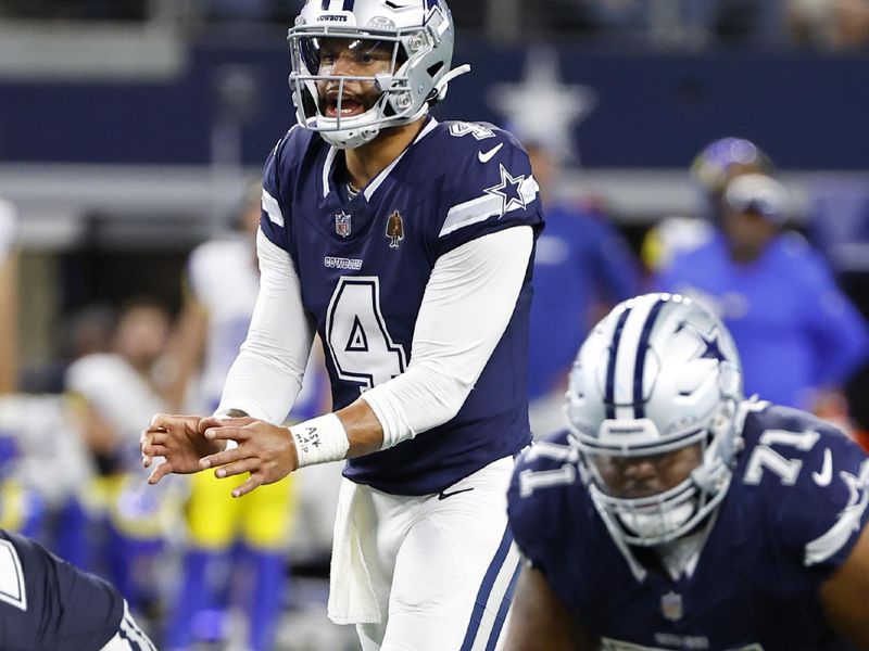 Dallas Cowboys quarterback Dak Prescott (4) prepares for the snap during the second half of an NFL football game against the Los Angeles Rams in Arlington, Texas, Sunday, Oct. 29, 2023. (AP Photo/Roger Steinman)