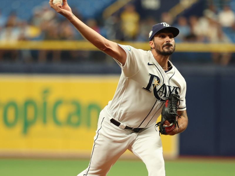 Sep 21, 2023; St. Petersburg, Florida, USA; Tampa Bay Rays starting pitcher Zach Eflin (24) throws the ball against the Los Angeles Angels during the first inning at Tropicana Field. Mandatory Credit: Kim Klement Neitzel-USA TODAY Sports