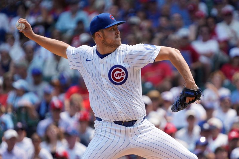 Aug 3, 2024; Chicago, Illinois, USA; Chicago Cubs pitcher Jameson Taillon (50) throws the ball against the St. Louis Cardinals during the first inning at Wrigley Field. Mandatory Credit: David Banks-USA TODAY Sports