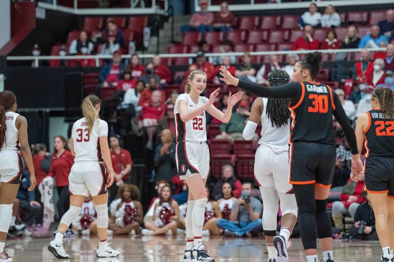 Jan 27, 2023; Stanford, California, USA; Stanford Cardinal forward Cameron Brink (22) after the foul during the fourth quarter against the Oregon State Beavers at Maples Pavilion. Mandatory Credit: Neville E. Guard-USA TODAY Sports