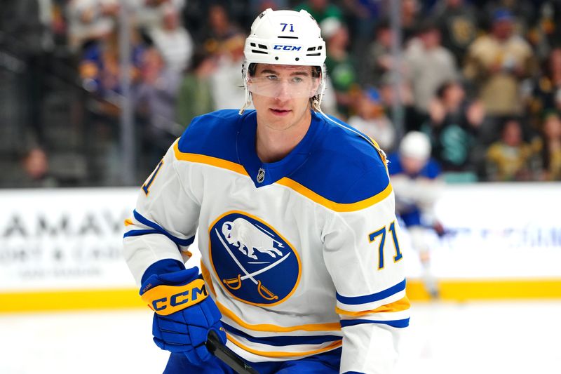 Mar 17, 2026; Las Vegas, Nevada, USA; Buffalo Sabres center Ryan McLeod (71) warms up before a game against the Vegas Golden Knights at T-Mobile Arena. Mandatory Credit: Stephen R. Sylvanie-Imagn Images