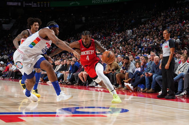 PHILADELPHIA, PA - NOVEMBER 27: Jalen Green #4 of the Houston Rockets drives to the basket during the game against the Philadelphia 76ers on November 27, 2024 at the Wells Fargo Center in Philadelphia, Pennsylvania NOTE TO USER: User expressly acknowledges and agrees that, by downloading and/or using this Photograph, user is consenting to the terms and conditions of the Getty Images License Agreement. Mandatory Copyright Notice: Copyright 2024 NBAE (Photo by Jesse D. Garrabrant/NBAE via Getty Images)