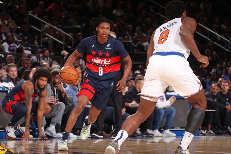 NEW YORK, NY - NOVEMBER 18: Bub Carrington #8 of the Washington Wizards dribbles the ball during the game against the New York Knicks on November 18, 2024 at Madison Square Garden in New York City, New York.  NOTE TO USER: User expressly acknowledges and agrees that, by downloading and or using this photograph, User is consenting to the terms and conditions of the Getty Images License Agreement. Mandatory Copyright Notice: Copyright 2024 NBAE  (Photo by Nathaniel S. Butler/NBAE via Getty Images)