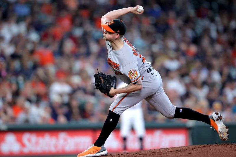 Sep 20, 2023; Houston, Texas, USA; Baltimore Orioles starting pitcher Kyle Bradish (39) delivers a pitch against the Houston Astros during the first inning at Minute Maid Park. Mandatory Credit: Erik Williams-USA TODAY Sports