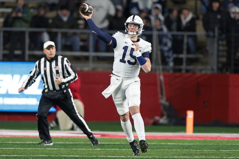 Nov 19, 2022; Piscataway, New Jersey, USA; Penn State Nittany Lions quarterback Drew Allar (15) throws the ball against the Rutgers Scarlet Knights during the second half at SHI Stadium. Mandatory Credit: Vincent Carchietta-USA TODAY Sports