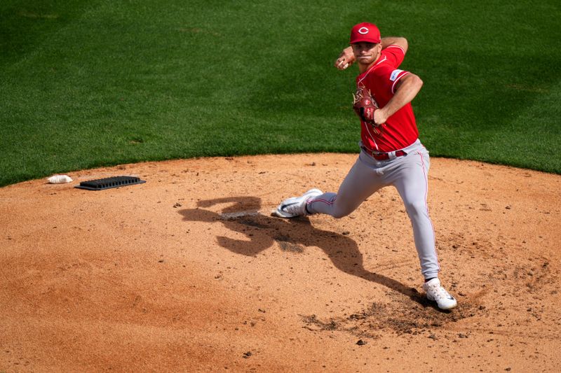 Feb. 24, 2024; Goodyear, Arizona, USA; Cincinnati Reds starting pitcher Carson Spiers (68) delivers a pitch in the second  inning during a MLB spring training game against the Cleveland Guardians at Goodyear Ballpark. Mandatory Credit: Kareem Elgazzar-USA TODAY Sports