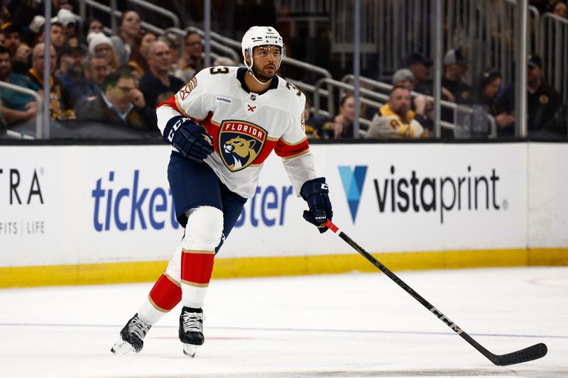 Mar 11, 2025; Boston, Massachusetts, USA; Florida Panthers defenseman Seth Jones (3) skates against the Boston Bruins during the second period at TD Garden. Mandatory Credit: Winslow Townson-Imagn Images