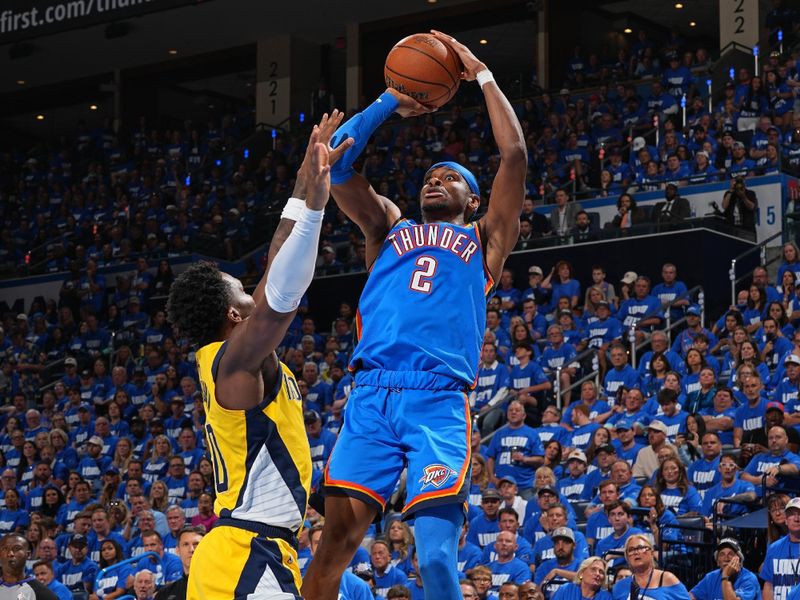 OKLAHOMA CITY, OK - JUNE 8: Shai Gilgeous-Alexander #2 of the Oklahoma City Thunder shoots the ball during the game against the Indiana Pacers  during Game Two of the 2025 NBA Finals on June 8, 2025 at Paycom Center in Oklahoma City, Oklahoma. NOTE TO USER: User expressly acknowledges and agrees that, by downloading and or using this photograph, User is consenting to the terms and conditions of the Getty Images License Agreement. Mandatory Copyright Notice: Copyright 2025 NBAE (Photo by Jesse D. Garrabrant/NBAE via Getty Images)