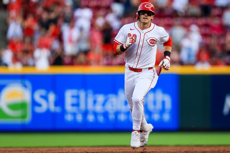 Aug 14, 2024; Cincinnati, Ohio, USA; Cincinnati Reds outfielder TJ Friedl (29) runs the bases after hitting a solo home run in the fifth inning against the St. Louis Cardinals at Great American Ball Park. Mandatory Credit: Katie Stratman-USA TODAY Sports