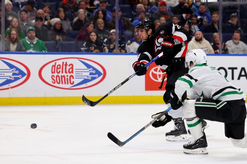 Feb 6, 2024; Buffalo, New York, USA;  Buffalo Sabres center Dylan Cozens (24) takes a shot on goal during the second period against the Dallas Stars at KeyBank Center. Mandatory Credit: Timothy T. Ludwig-USA TODAY Sports