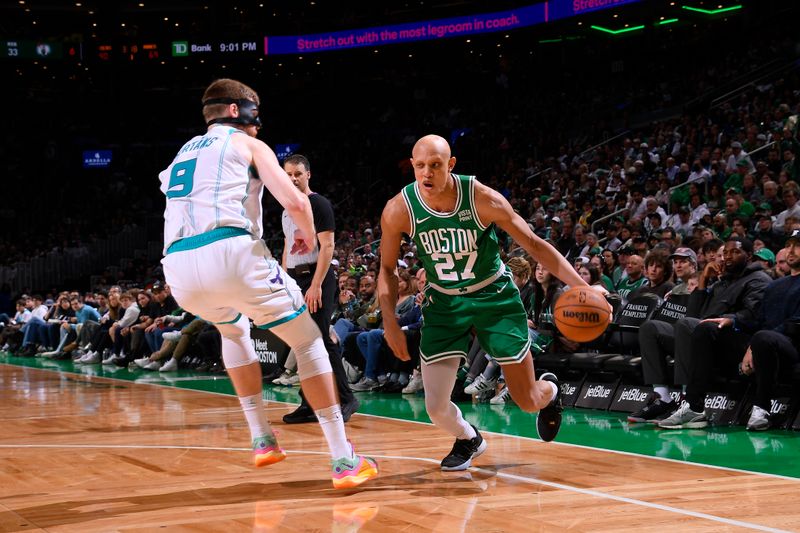 BOSTON, MA - APRIL 12:  Jordan Walsh #27 of the Boston Celtics handles the ball during the game against the Charlotte Hornets on April 12, 2024 at the TD Garden in Boston, Massachusetts. NOTE TO USER: User expressly acknowledges and agrees that, by downloading and or using this photograph, User is consenting to the terms and conditions of the Getty Images License Agreement. Mandatory Copyright Notice: Copyright 2024 NBAE  (Photo by Brian Babineau/NBAE via Getty Images)