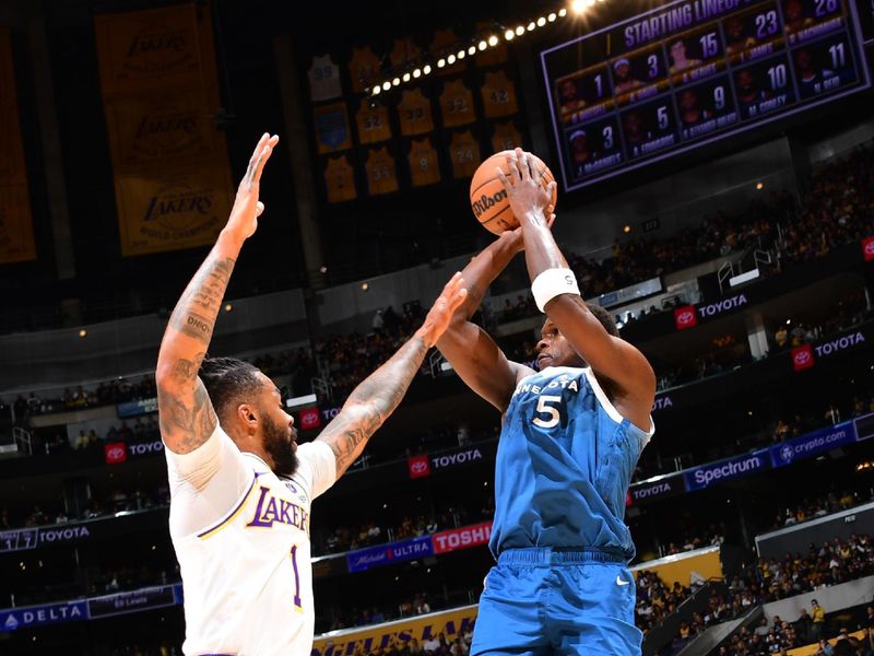 LOS ANGELES, CA - MARCH 10: Anthony Edwards #5 of the Minnesota Timberwolves shoots the ball during the game against the Los Angeles Lakers on March 10, 2024 at Crypto.Com Arena in Los Angeles, California. NOTE TO USER: User expressly acknowledges and agrees that, by downloading and/or using this Photograph, user is consenting to the terms and conditions of the Getty Images License Agreement. Mandatory Copyright Notice: Copyright 2024 NBAE (Photo by Adam Pantozzi/NBAE via Getty Images)