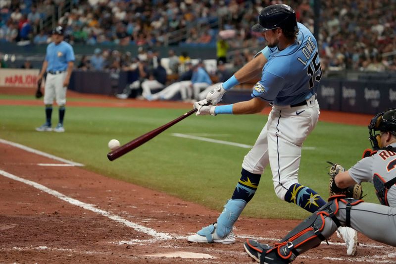 Apr 2, 2023; St. Petersburg, Florida, USA; Tampa Bay Rays right fielder Josh Lowe (15) hits a double against the Detroit Tigers during the eighth inning at Tropicana Field. Mandatory Credit: Dave Nelson-USA TODAY Sports