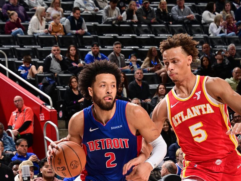 DETROIT, MI - NOVEMBER 8: Cade Cunningham #2 of the Detroit Pistons dribbles the ball during the game against the Atlanta Hawks on November  8, 2024 at Little Caesars Arena in Detroit, Michigan. NOTE TO USER: User expressly acknowledges and agrees that, by downloading and/or using this photograph, User is consenting to the terms and conditions of the Getty Images License Agreement. Mandatory Copyright Notice: Copyright 2024 NBAE (Photo by Chris Schwegler/NBAE via Getty Images)