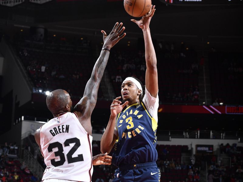 HOUSTON, TX - NOVEMBER 20: /Kendall Brown #3 of the Indiana Pacers drives to the basket during the game against the Houston Rockets  on November 20, 2024 at the Toyota Center in Houston, Texas. NOTE TO USER: User expressly acknowledges and agrees that, by downloading and or using this photograph, User is consenting to the terms and conditions of the Getty Images License Agreement. Mandatory Copyright Notice: Copyright 2024 NBAE (Photo by Logan Riely/NBAE via Getty Images)