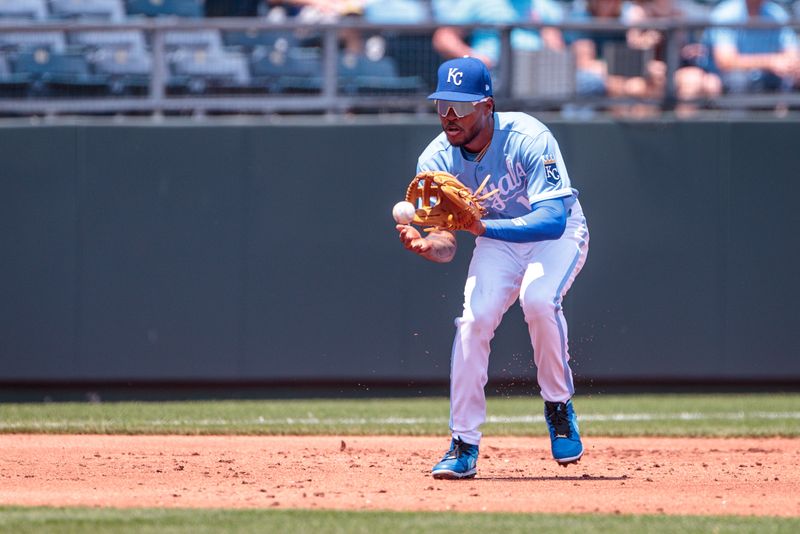 Jun 4, 2023; Kansas City, Missouri, USA; Kansas City Royals right fielder MJ Melendez (1) fields a ball during the second inning against the Colorado Rockies at Kauffman Stadium. Mandatory Credit: William Purnell-USA TODAY Sports