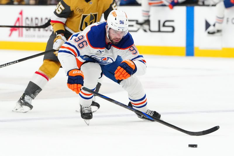 Apr 1, 2025; Las Vegas, Nevada, USA; Edmonton Oilers defenseman Jake Walman (96) skates against the Vegas Golden Knights during the first period at T-Mobile Arena. Mandatory Credit: Stephen R. Sylvanie-Imagn Images