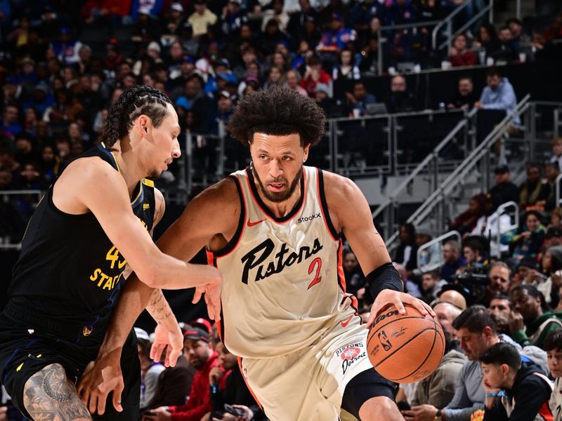 DETROIT, MI - JANUARY 9: Cade Cunningham #2 of the Detroit Pistons dribbles the ball during the game against the Golden State Warriors on January 9, 2025 at Little Caesars Arena in Detroit, Michigan. NOTE TO USER: User expressly acknowledges and agrees that, by downloading and/or using this photograph, User is consenting to the terms and conditions of the Getty Images License Agreement. Mandatory Copyright Notice: Copyright 2025 NBAE (Photo by Chris Schwegler/NBAE via Getty Images)