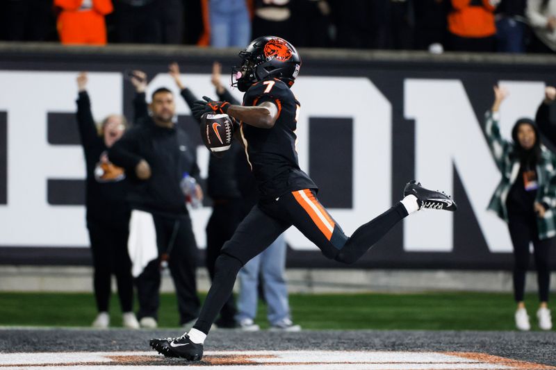 Oct 14, 2023; Corvallis, Oregon, USA; Oregon State Beavers wide receiver Silas Bolden (7) celebrates after scoring a touchdown during the second half against the UCLA Bruins at Reser Stadium. Mandatory Credit: Soobum Im-USA TODAY Sports