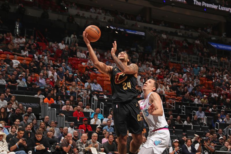 MIAMI, FL - JANUARY 29: Jalon Tyson #24 of the Cleveland Cavaliers drives to the basket during the game against the Miami Heat on January 29, 2025 at Kaseya Center in Miami, Florida. NOTE TO USER: User expressly acknowledges and agrees that, by downloading and or using this Photograph, user is consenting to the terms and conditions of the Getty Images License Agreement. Mandatory Copyright Notice: Copyright 2025 NBAE (Photo by Issac Baldizon/NBAE via Getty Images)