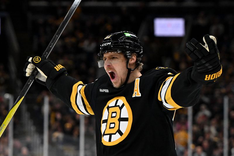 Nov 11, 2025; Boston, Massachusetts, USA; Boston Bruins defenseman Hampus Lindholm (27) reacts after scoring a goal against the Toronto Maple Leafs during the first period at the TD Garden. Mandatory Credit: Brian Fluharty-Imagn Images