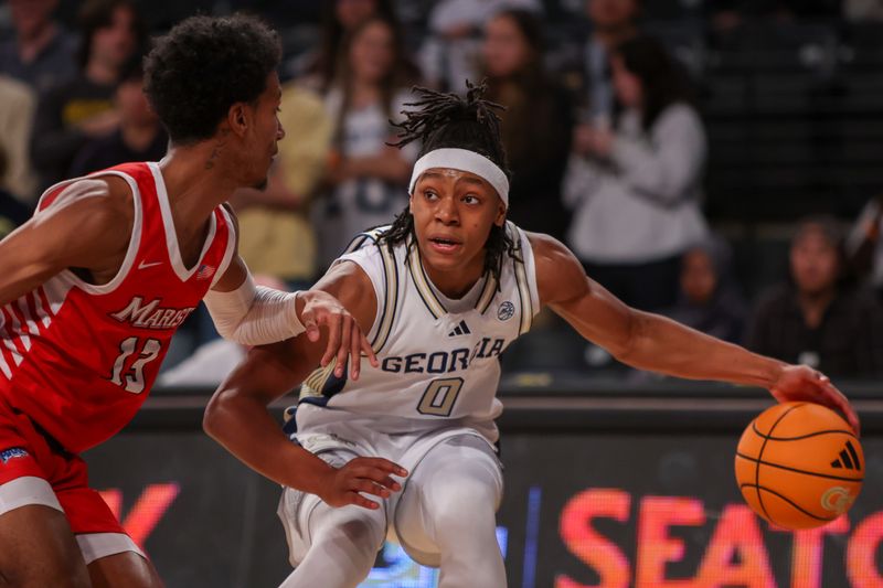 Dec 16, 2025; Atlanta, Georgia, USA; Georgia Tech Yellow Jackets guard Akai Fleming (0) dribbles against the Marist Red Foxes in the first half at McCamish Pavilion. Mandatory Credit: Brett Davis-Imagn Images
