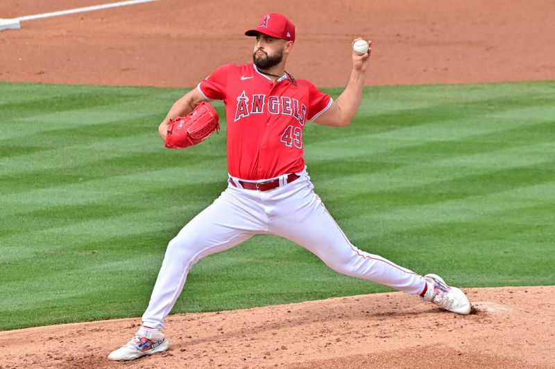 Mar 6, 2024; Tempe, Arizona, USA;  Los Angeles Angels starting pitcher Patrick Sandoval (43) throws in the second inning against the Oakland Athletics during a spring training game at Tempe Diablo Stadium. Mandatory Credit: Matt Kartozian-USA TODAY Sports