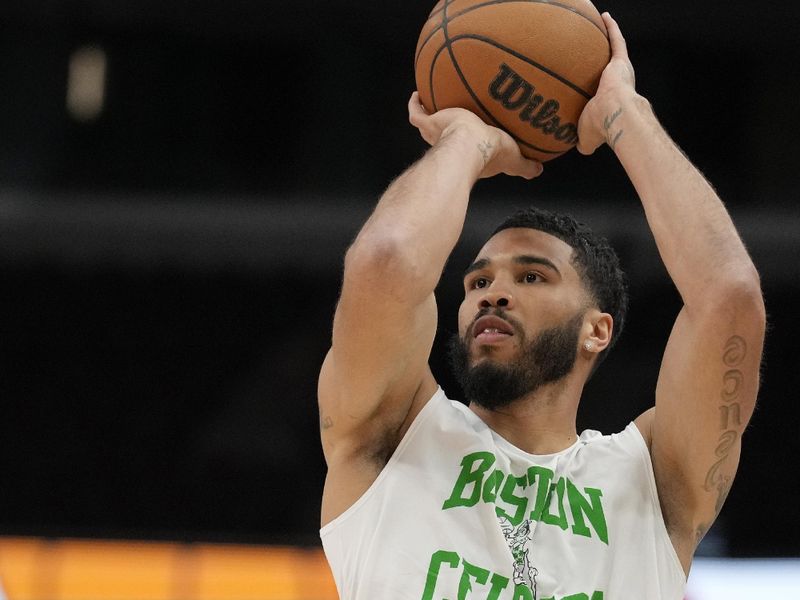 CHICAGO, ILLINOIS - FEBRUARY 22: Jayson Tatum #0 of the Boston Celtics warms up before a game against the Chicago Bulls at the United Center on February 22, 2024 in Chicago, Illinois. NOTE TO USER: User expressly acknowledges and agrees that, by downloading and or using this photograph, User is consenting to the terms and conditions of the Getty Images License Agreement. (Photo by Patrick McDermott/Getty Images)