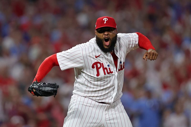 Oct 3, 2023; Philadelphia, Pennsylvania, USA; Philadelphia Phillies relief pitcher Jose Alvarado (46) reacts after an out against the Miami Marlins in the seventh inning for game one of the Wildcard series for the 2023 MLB playoffs at Citizens Bank Park. Mandatory Credit: Bill Streicher-USA TODAY Sports