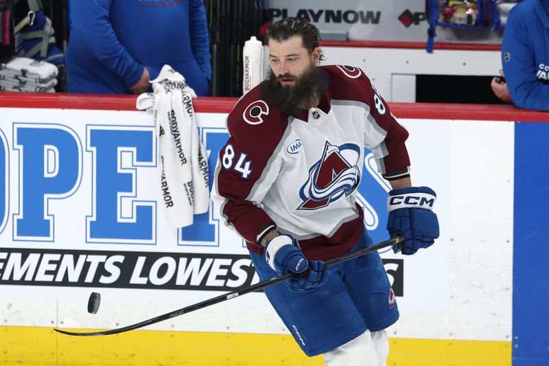 Mar 26, 2026; Winnipeg, Manitoba, CAN; Colorado Avalanche defenseman Brent Burns (84) puck juggles before a game against the Winnipeg Jets at Canada Life Centre. Mandatory Credit: James Carey Lauder-Imagn Images