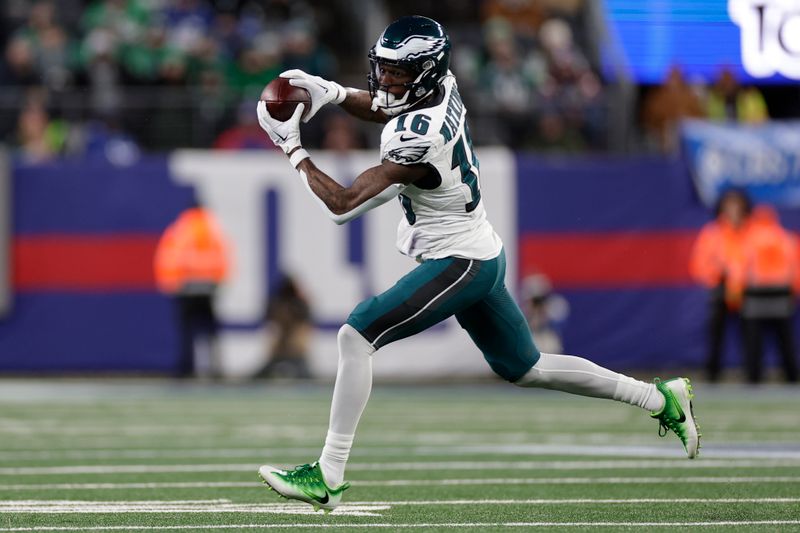 Philadelphia Eagles wide receiver Quez Watkins (16) makes a catch against the New York Giants during the first quarter of an NFL football game, Sunday, Jan. 7, 2024, in East Rutherford, N.J. (AP Photo/Adam Hunger)