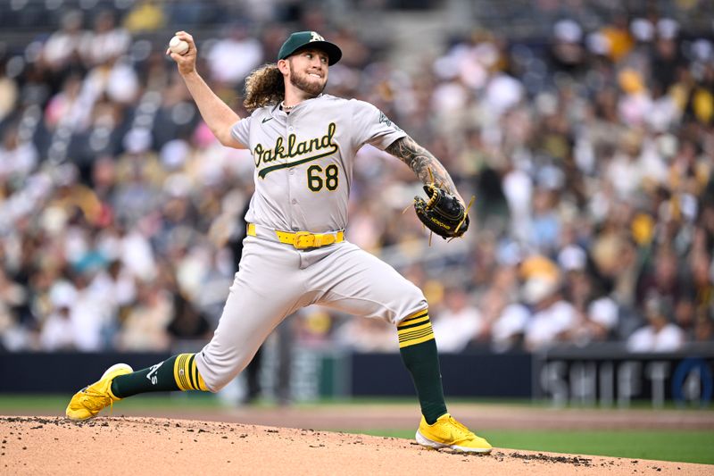 Jun 10, 2024; San Diego, California, USA; Oakland Athletics starting pitcher Joey Estes (68) pitches against the San Diego Padres during the first inning at Petco Park. Mandatory Credit: Orlando Ramirez-USA TODAY Sports