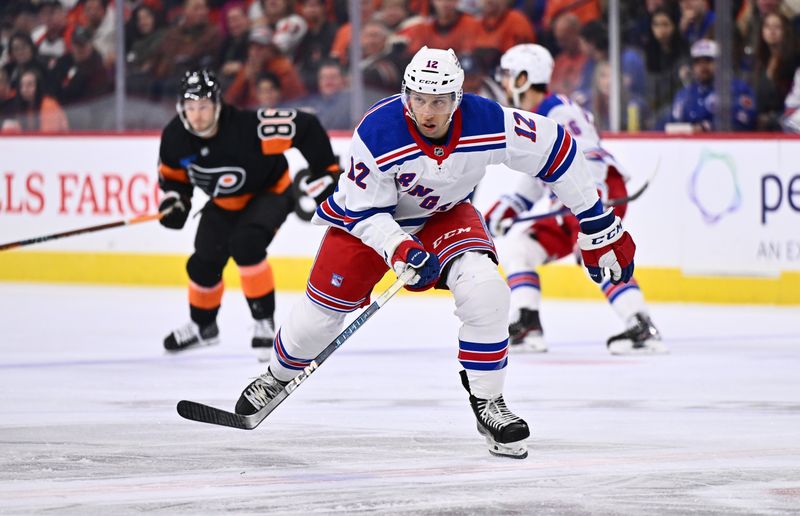 Nov 24, 2023; Philadelphia, Pennsylvania, USA; New York Rangers center Nick Bonino (12) in action against the Philadelphia Flyers in the first period at Wells Fargo Center. Mandatory Credit: Kyle Ross-USA TODAY Sports