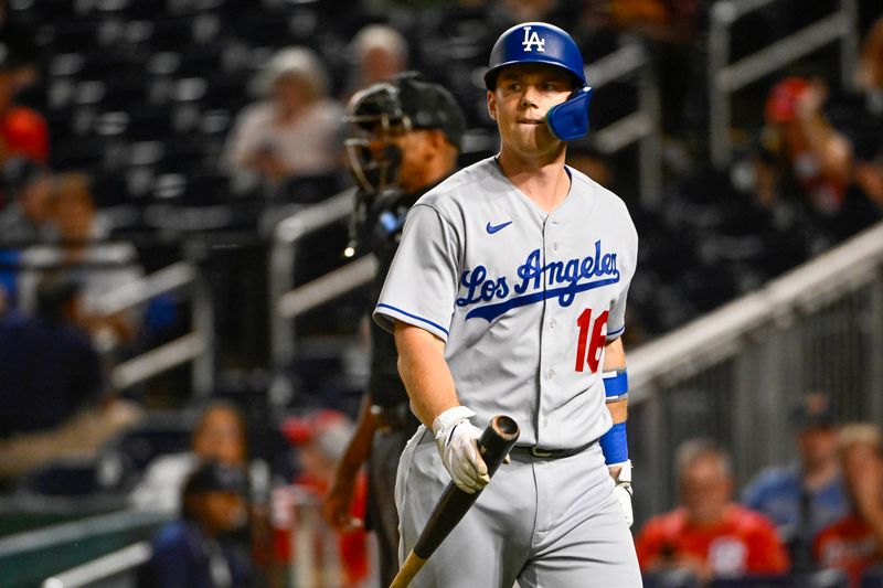 Sep 9, 2023; Washington, District of Columbia, USA; Los Angeles Dodgers catcher Will Smith (16) reacts after striking out against the Washington Nationals during the first inning at Nationals Park. Mandatory Credit: Brad Mills-USA TODAY Sports