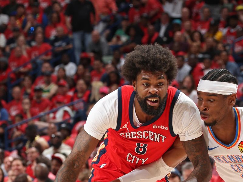 NEW ORLEANS, LA - APRIL 27: Naji Marshall #8 of the New Orleans Pelicans handles the ball during the game against the Oklahoma City Thunder during Round 1 Game 3 of the 2024 NBA Playoffs on April 27, 2024 at the Smoothie King Center in New Orleans, Louisiana. NOTE TO USER: User expressly acknowledges and agrees that, by downloading and or using this Photograph, user is consenting to the terms and conditions of the Getty Images License Agreement. Mandatory Copyright Notice: Copyright 2024 NBAE (Photo by Layne Murdoch Jr./NBAE via Getty Images)