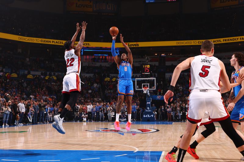 OKLAHOMA CITY, OK - MARCH 8:  Jalen Williams #8 of the Oklahoma City Thunder shoots the ball during the game against the Miami Heat on March 8, 2024 at Paycom Arena in Oklahoma City, Oklahoma. NOTE TO USER: User expressly acknowledges and agrees that, by downloading and or using this photograph, User is consenting to the terms and conditions of the Getty Images License Agreement. Mandatory Copyright Notice: Copyright 2024 NBAE (Photo by Zach Beeker/NBAE via Getty Images)