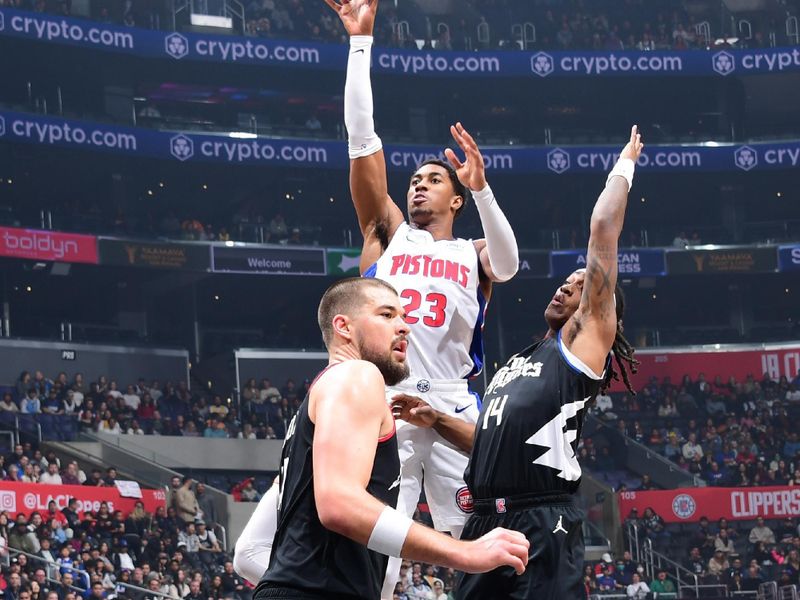 LOS ANGELES, CA - FEBRUARY 10:  Jaden Ivey #23 of the Detroit Pistons goes to the basket during the game  on February 10, 2024 at Crypto.Com Arena in Los Angeles, California. NOTE TO USER: User expressly acknowledges and agrees that, by downloading and/or using this Photograph, user is consenting to the terms and conditions of the Getty Images License Agreement. Mandatory Copyright Notice: Copyright 2024 NBAE (Photo by Adam Pantozzi/NBAE via Getty Images)