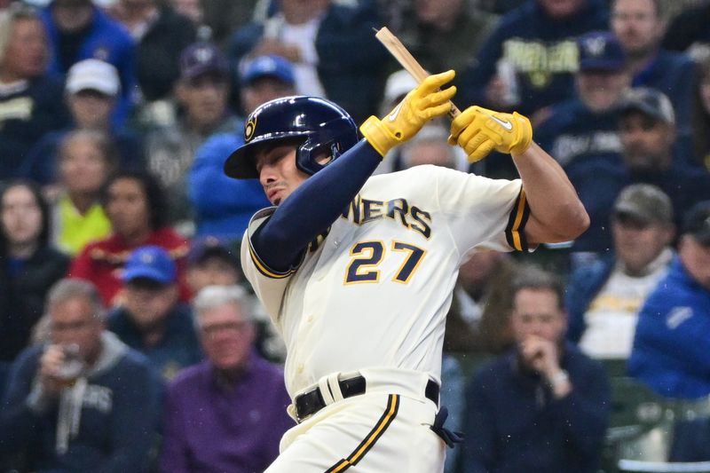 May 24, 2023; Milwaukee, Wisconsin, USA; Milwaukee Brewers shortstop Willy Adames (27) reacts after breaking his bat on a ground out in the third inning during game against the Houston Astros at American Family Field. Mandatory Credit: Benny Sieu-USA TODAY Sports