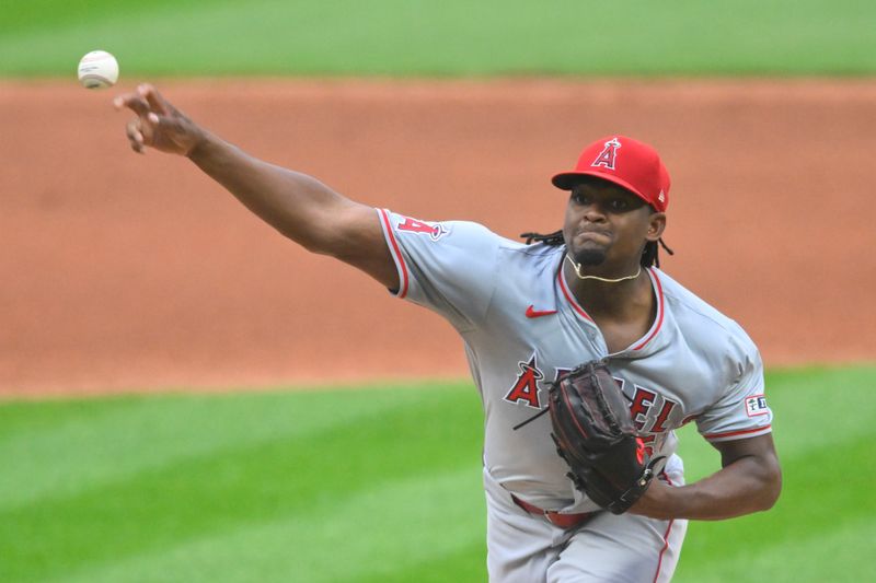 May 3, 2024; Cleveland, Ohio, USA; Los Angeles Angels starting pitcher Jose Soriano (59) delivers a pitch in the first inning against the Cleveland Guardians at Progressive Field. Mandatory Credit: David Richard-USA TODAY Sports