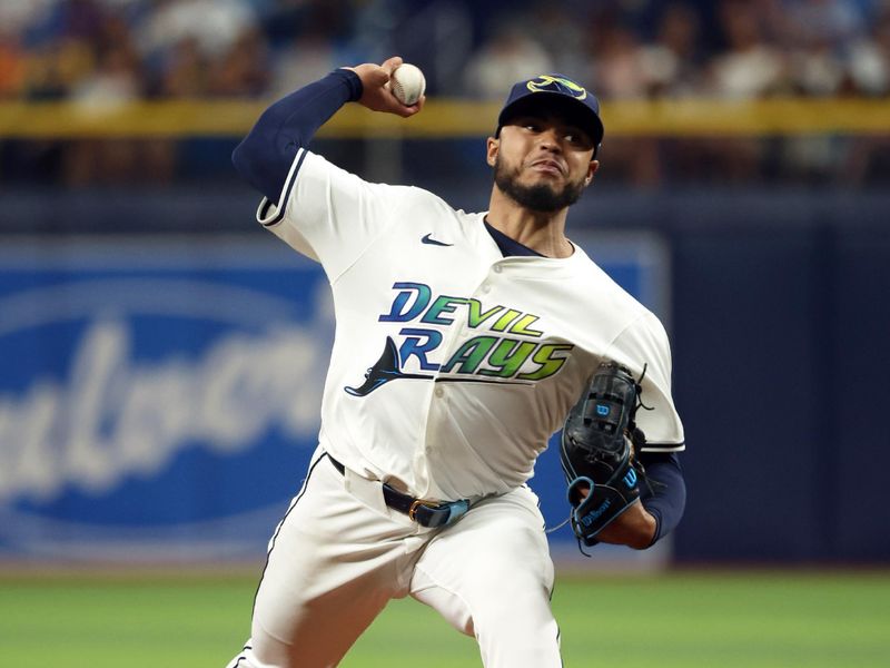 May 10, 2024; St. Petersburg, Florida, USA;  Tampa Bay Rays pitcher Taj Bradley (45) throws a pitch against the New York Yankees during the third inning at Tropicana Field. Mandatory Credit: Kim Klement Neitzel-USA TODAY Sports