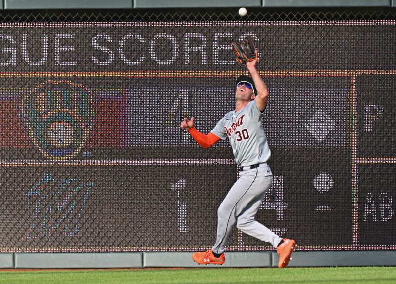 May 21, 2024; Kansas City, Missouri, USA;  Detroit Tigers right fielder Kerry Carpenter (30) catches a fly ball in the first inning against the Kansas City Royals at Kauffman Stadium. Mandatory Credit: Peter Aiken-USA TODAY Sports