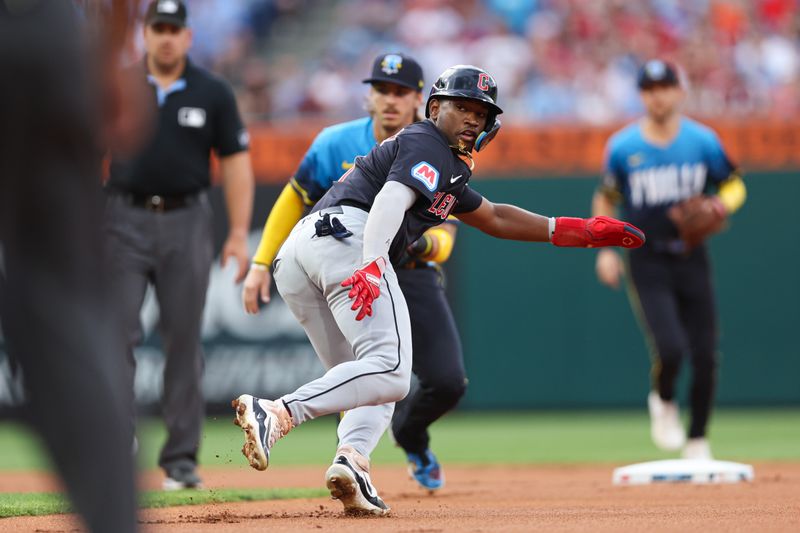 Jul 26, 2024; Philadelphia, Pennsylvania, USA; Cleveland Guardians third base Angel Martínez (1) reaches second base on a rundown during the first inning against the Philadelphia Phillies at Citizens Bank Park. Mandatory Credit: Bill Streicher-USA TODAY Sports