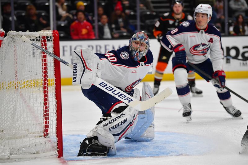 Feb 21, 2024; Anaheim, California, USA; Columbus Blue Jackets goaltender Daniil Tarasov (40) defends the goal against the Anaheim Ducks during the first period at Honda Center. Mandatory Credit: Gary A. Vasquez-USA TODAY Sports